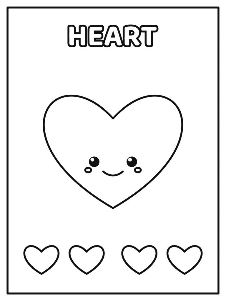 Heart Shape coloring page for kids: a big smiling heart and four little hearts to color while learning shapes