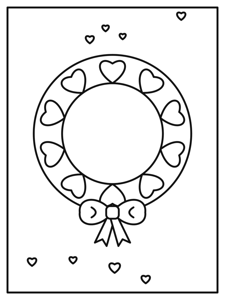 Heart Wreath coloring page for kids: a round wreath made of hearts with a bow