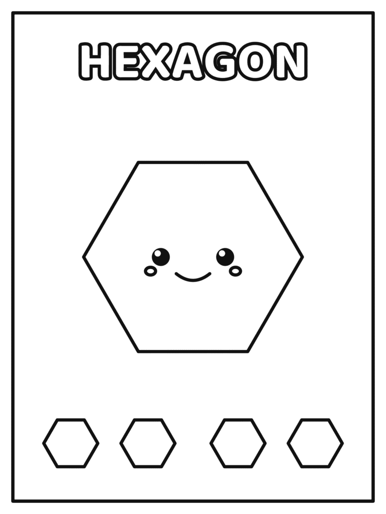 Hexagon Shape coloring page for kids: a big smiling hexagon and four little hexagons to color while learning shapes