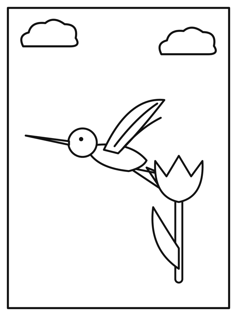 Hummingbird coloring page for kids: a tiny hummingbird drinking from a flower