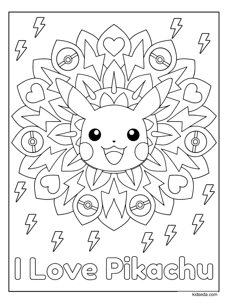 I Love Pikachu Mandala coloring page for kids: Pikachu in a detailed mandala with the words I Love Pikachu