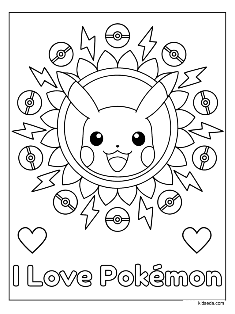 I Love Pokémon Pikachu coloring page for kids: Pikachu in a mandala with the words I Love Pokémon