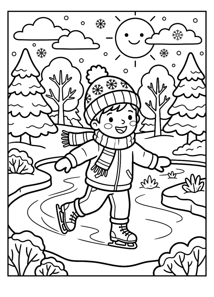Ice Skating coloring page for kids: a child ice skating on a frozen pond with snowflakes