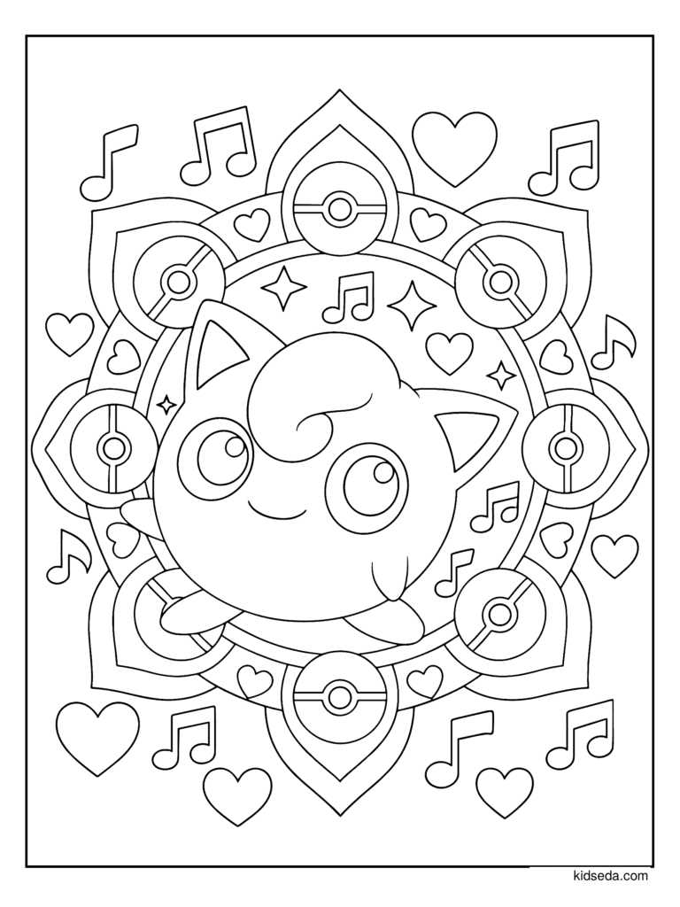 Jigglypuff Mandala coloring page for kids: Jigglypuff in a mandala with music notes and hearts