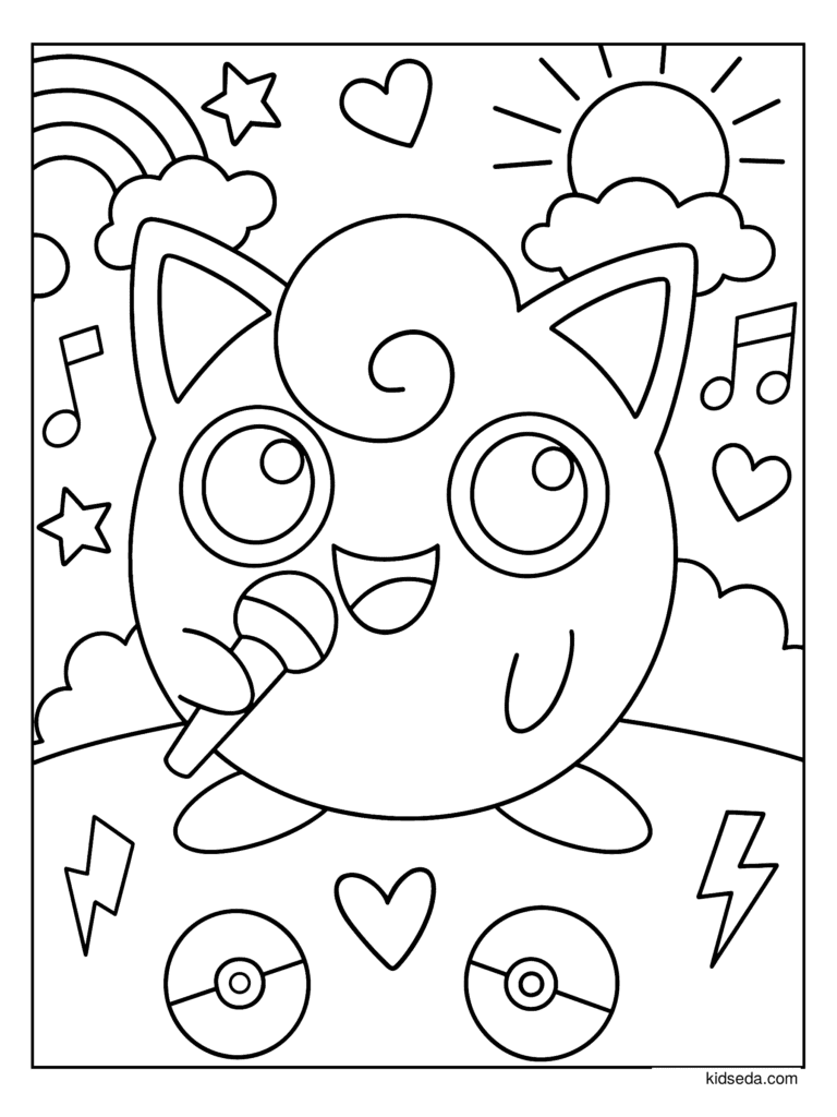 Jigglypuff Singing coloring page for kids: Jigglypuff singing into a microphone on a sunny day