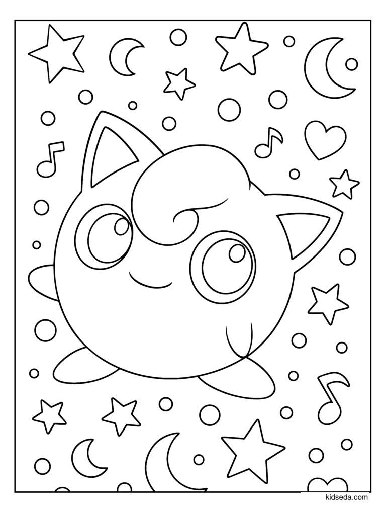 Jigglypuff with Music Notes coloring page for kids: Jigglypuff surrounded by music notes, stars and hearts