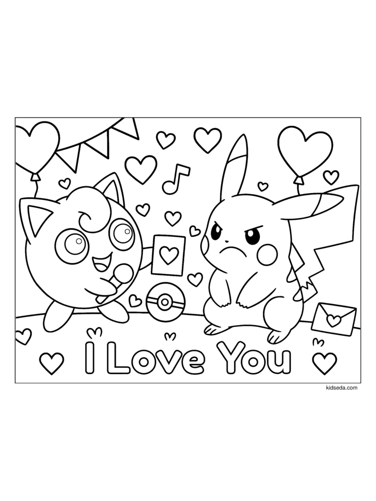 Jigglypuff's Love Note to Pikachu coloring page for kids: Jigglypuff giving a love note to Pikachu with hearts and decorations