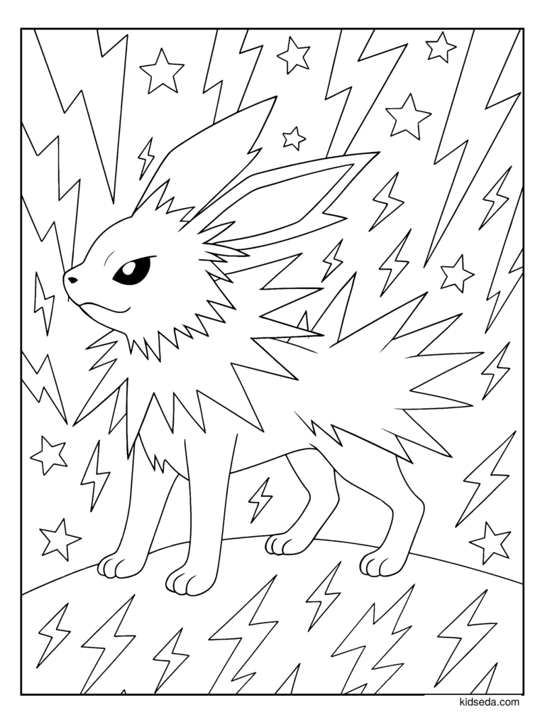 Jolteon in a Lightning Storm coloring page for kids: Jolteon in a storm of lightning bolts and stars
