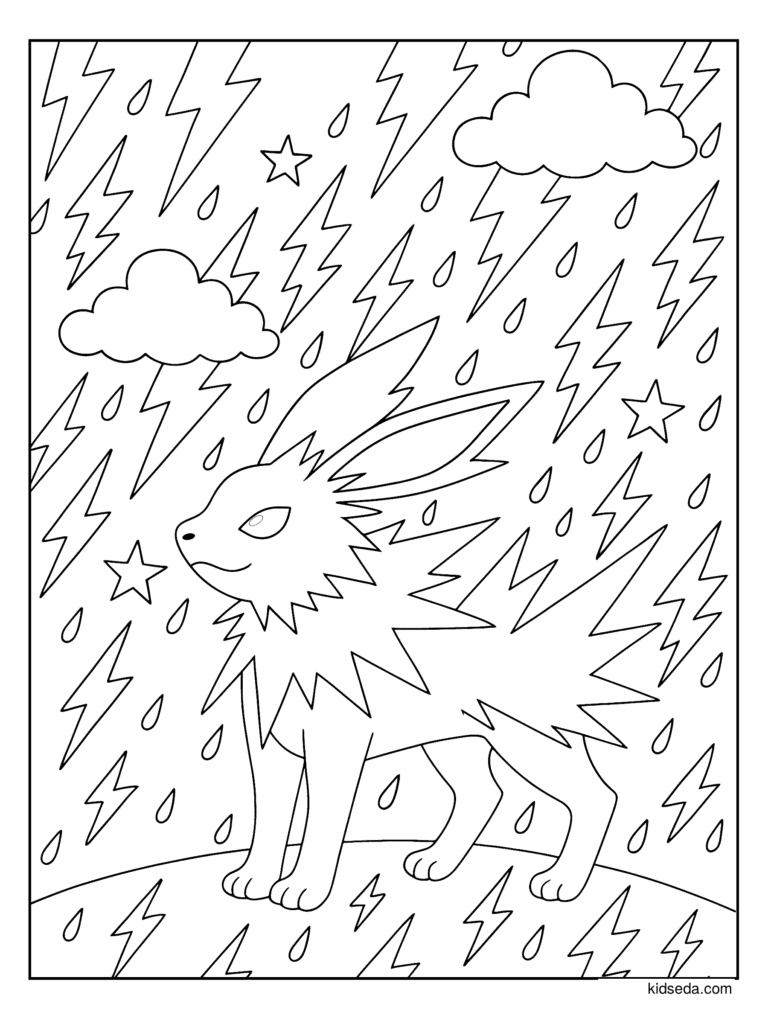 Jolteon in the Rain coloring page for kids: Jolteon standing in a thunderstorm