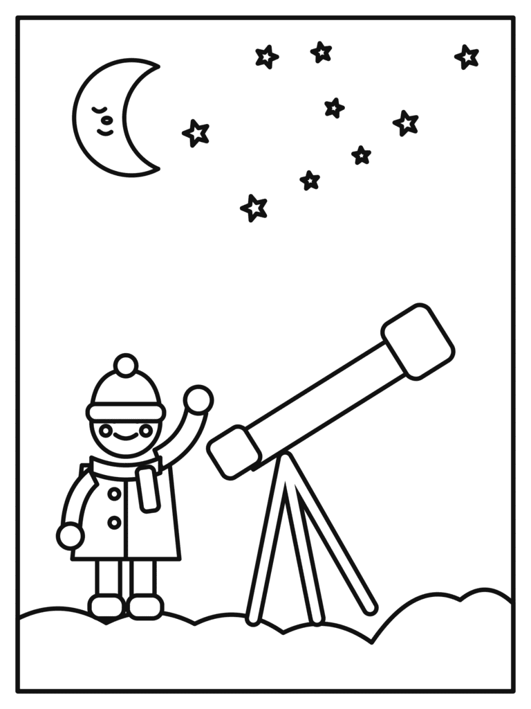 Kid with a Telescope coloring page for kids: a kid looking at the stars through a telescope