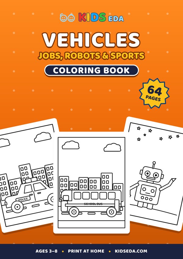 Vehicles, Jobs, Robots & Sports coloring book cover