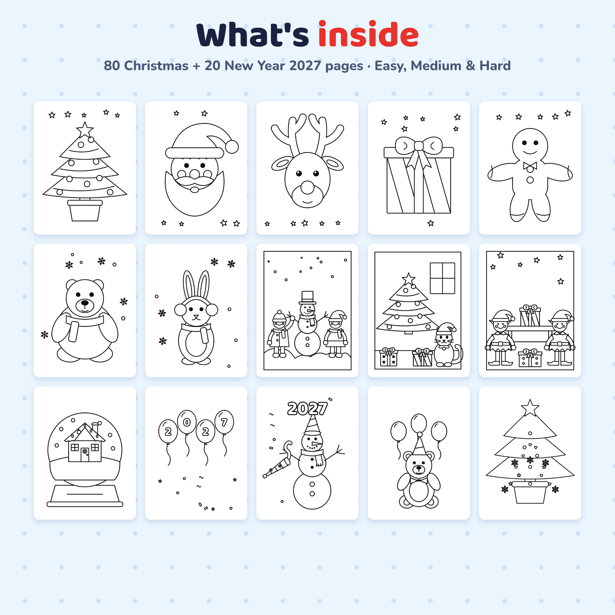 Preview of Christmas and New Year coloring pages inside the Kids EDA pack