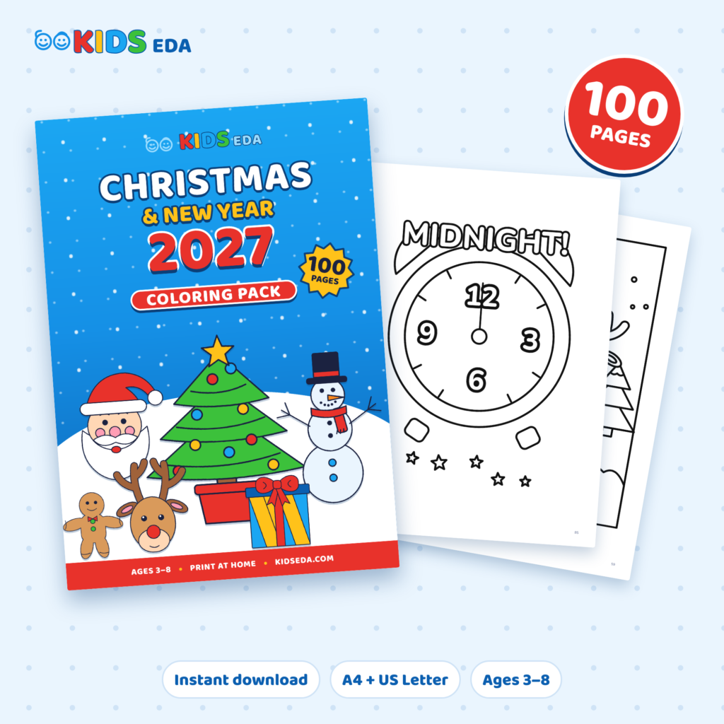 Kids EDA Christmas and New Year 2027 coloring pack cover and sample pages