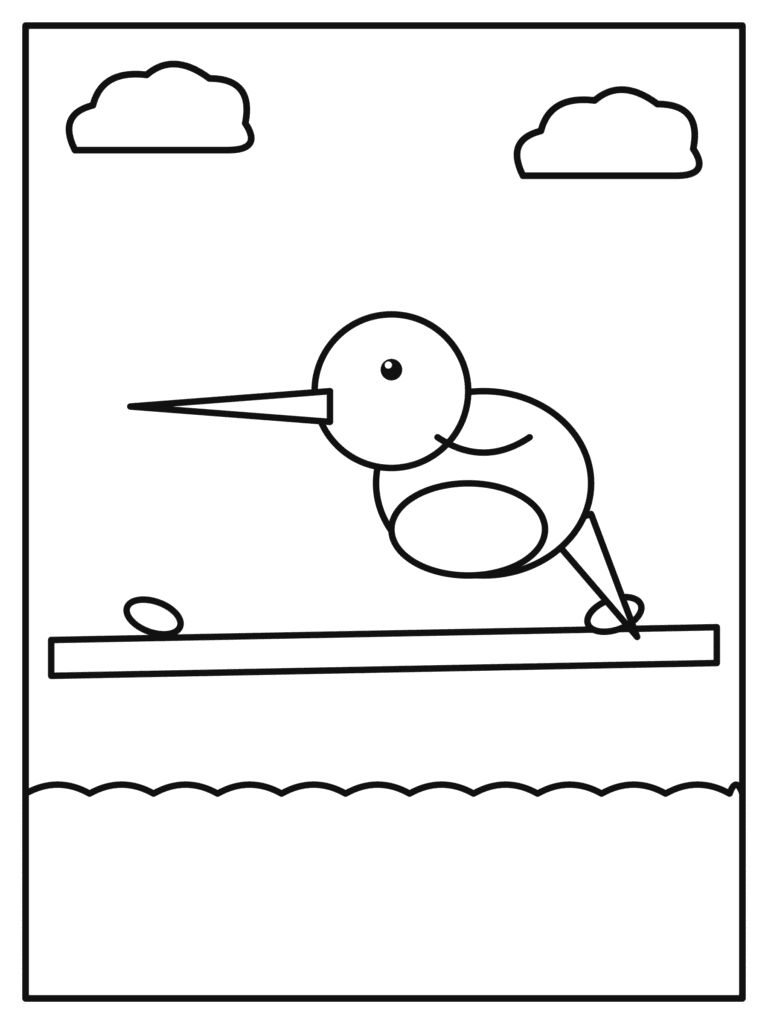 Kingfisher coloring page for kids: a kingfisher with a long beak watching the river