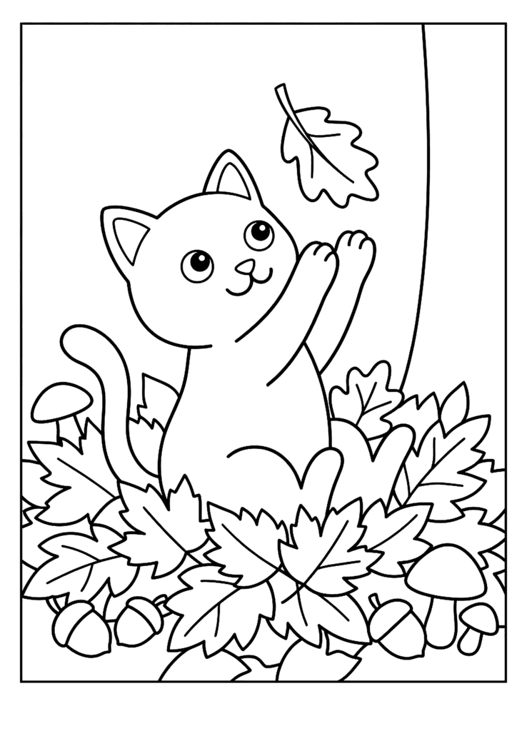 Kitten in the Autumn Leaves coloring page for kids: a kitten reaching for a falling leaf in a pile of autumn leaves