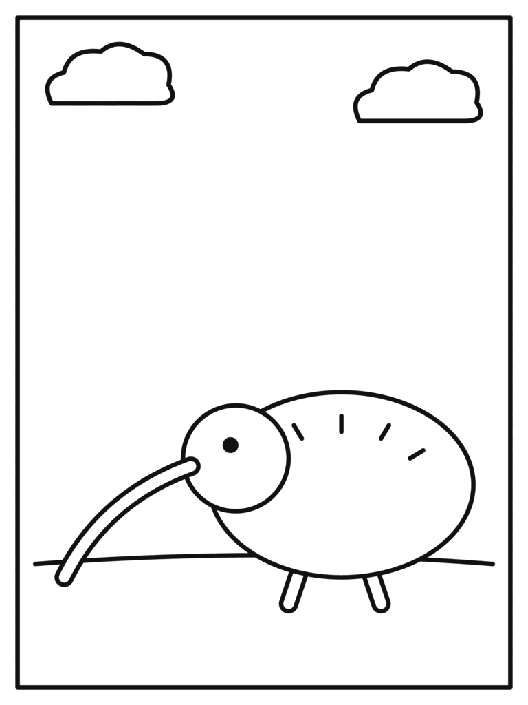 Kiwi Bird coloring page for kids: a round fluffy kiwi bird with a long beak