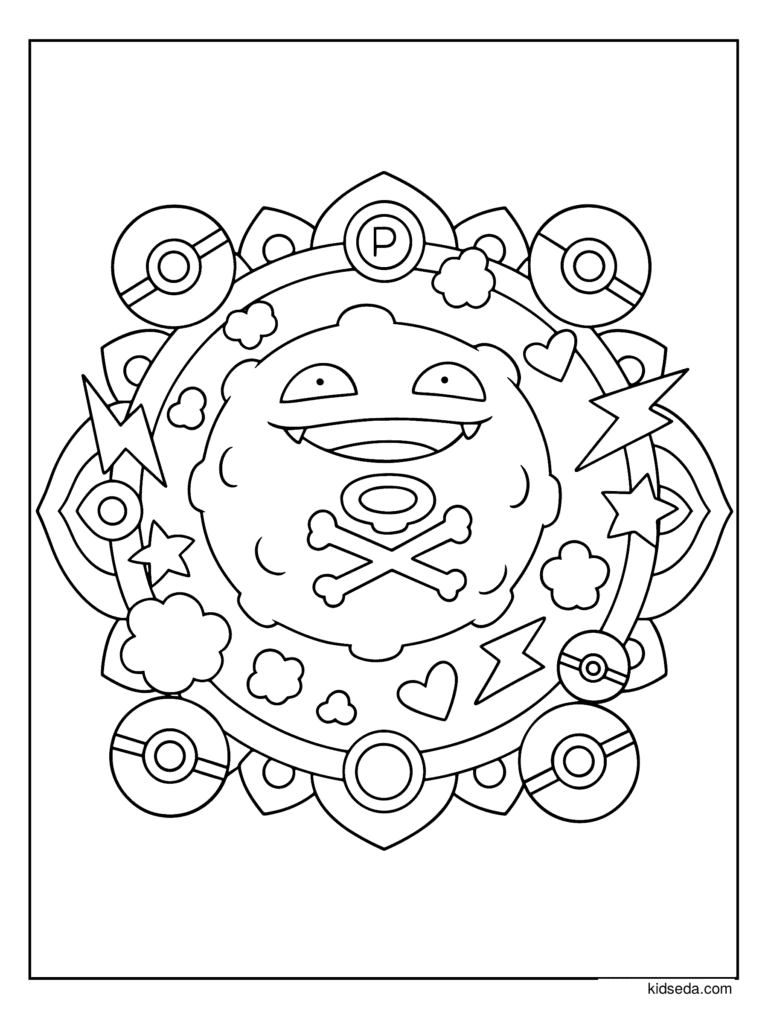 Koffing Mandala coloring page for kids: Koffing in a mandala with Poké Balls, clouds and lightning bolts