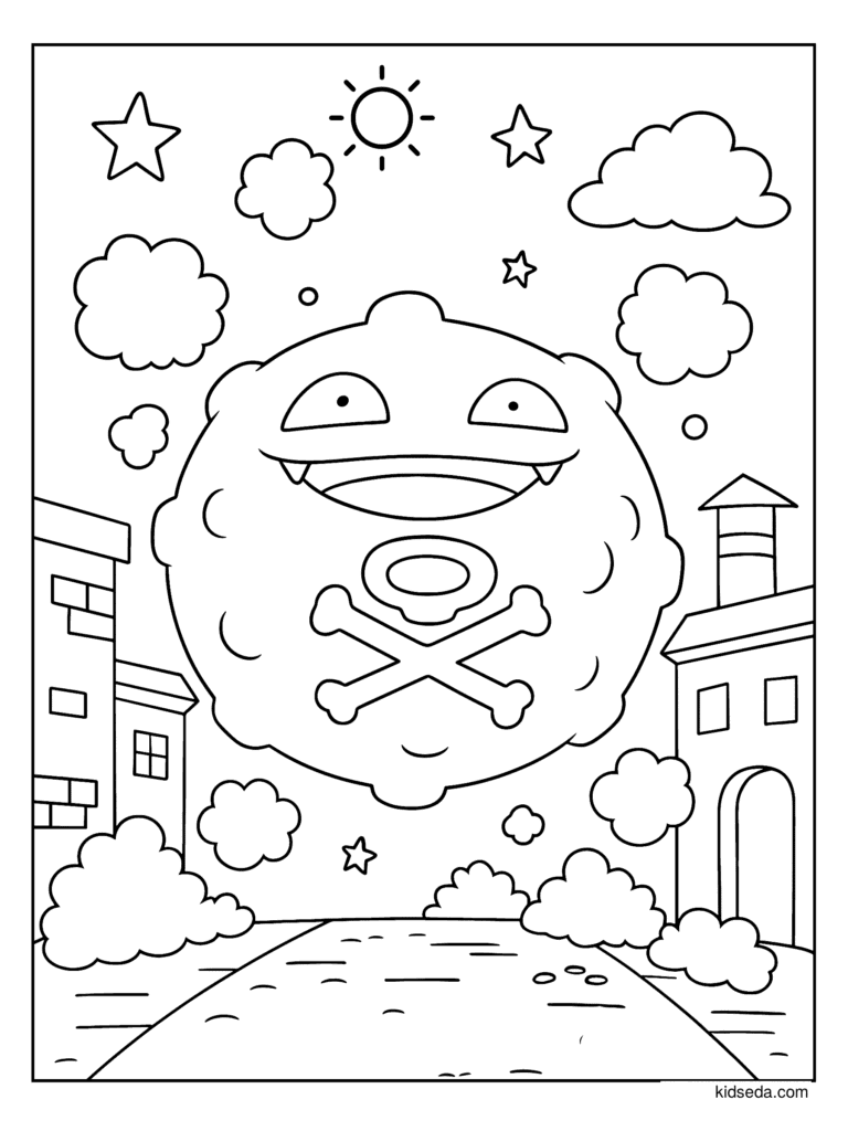 Koffing Over the Town coloring page for kids: Koffing floating over the town with clouds and the sun