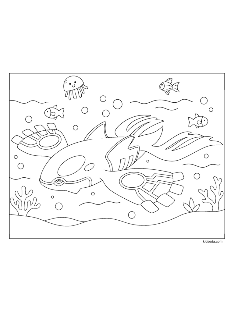 Kyogre Under the Sea coloring page for kids: Kyogre swimming underwater with sea animals, coral and bubbles