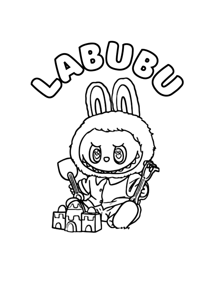 Labubu Building a Sandcastle coloring page for kids: Labubu at the beach with a spade, building a sandcastle