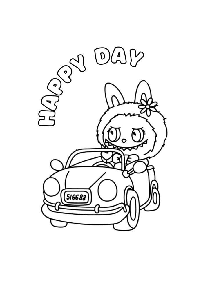 Labubu Happy Day Car Ride coloring page for kids: Labubu with a flower in her fur driving a car on a happy day