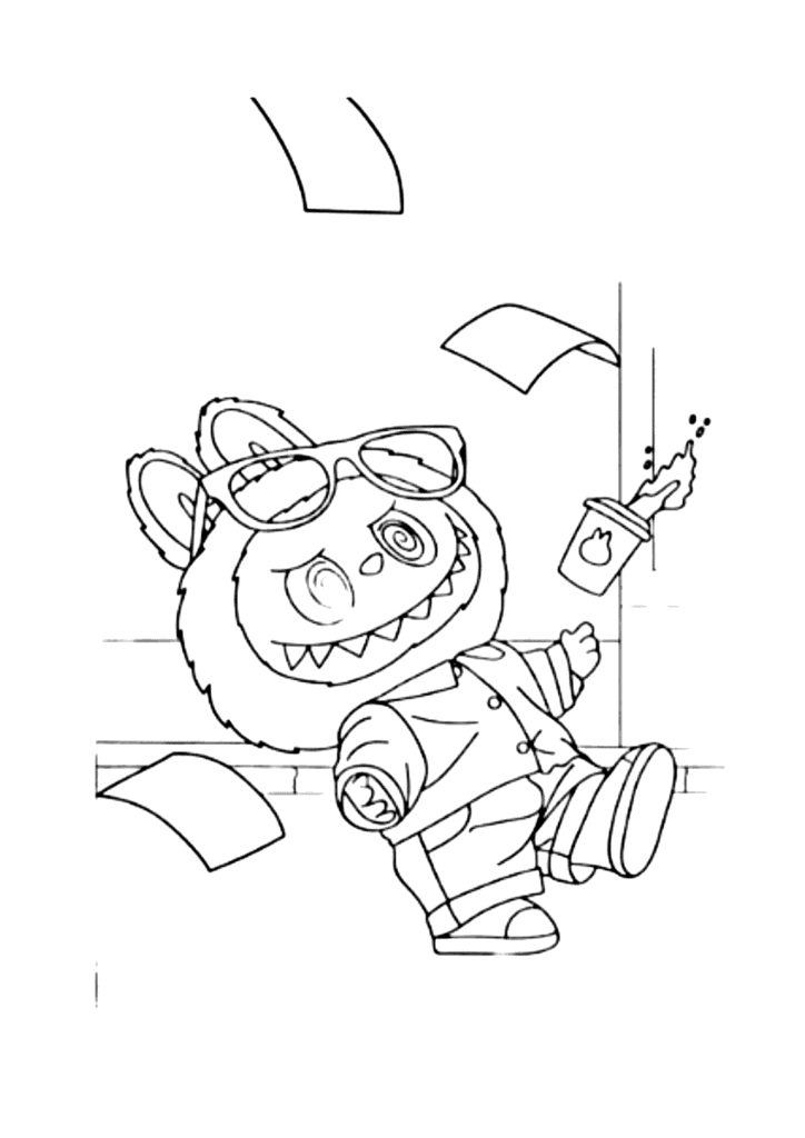 Labubu Having a Busy Day coloring page for kids: a dizzy Labubu with sunglasses, spilling a drink while papers fly everywhere