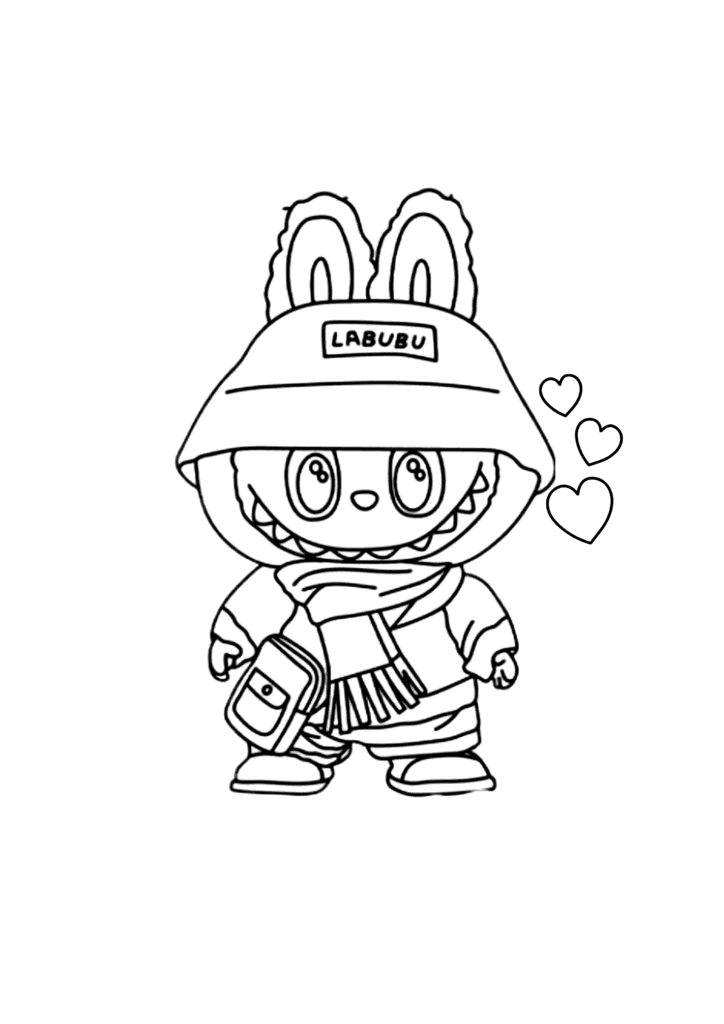 Labubu in a Bucket Hat and Scarf coloring page for kids: Labubu dressed in a bucket hat, cozy scarf and a little bag, with hearts floating by