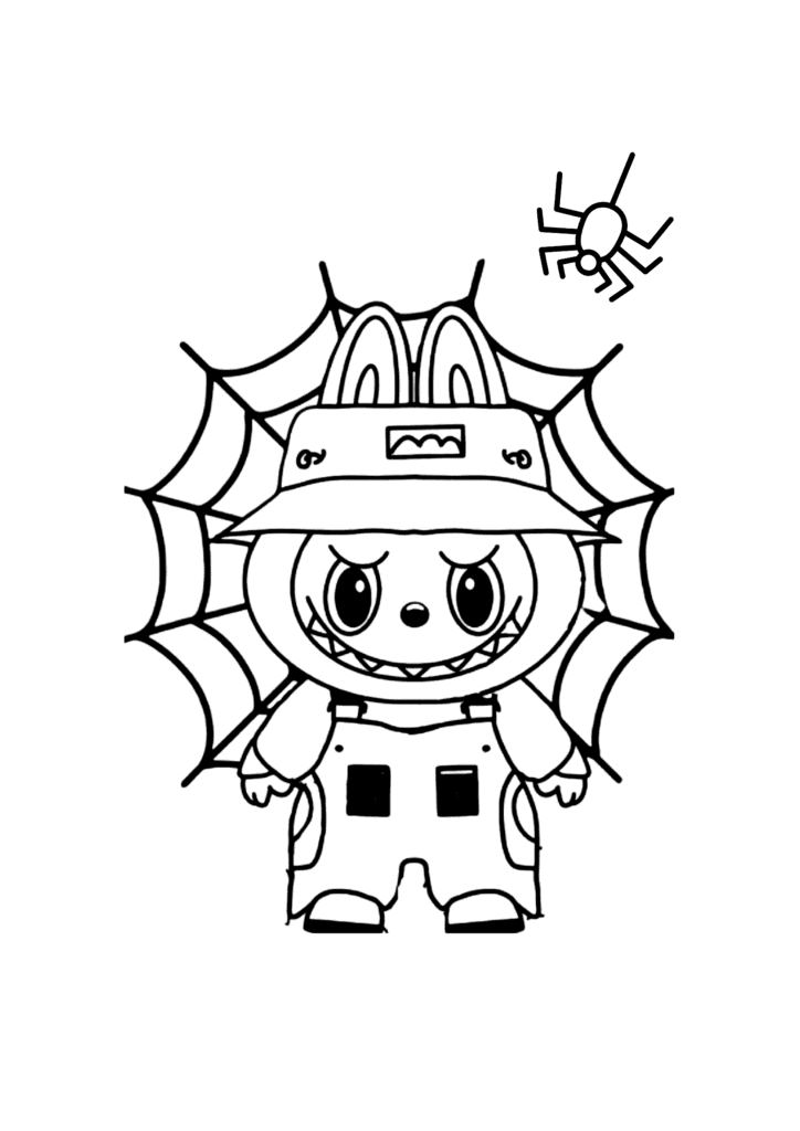 Labubu in a Spider Web coloring page for kids: Labubu in a bucket hat and overalls in front of a spider web with a little spider