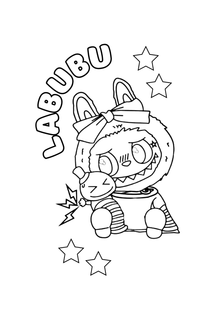 Labubu with a Bow and a Friend coloring page for kids: Labubu wearing a big bow, hugging a little friend in a striped outfit, with stars all around