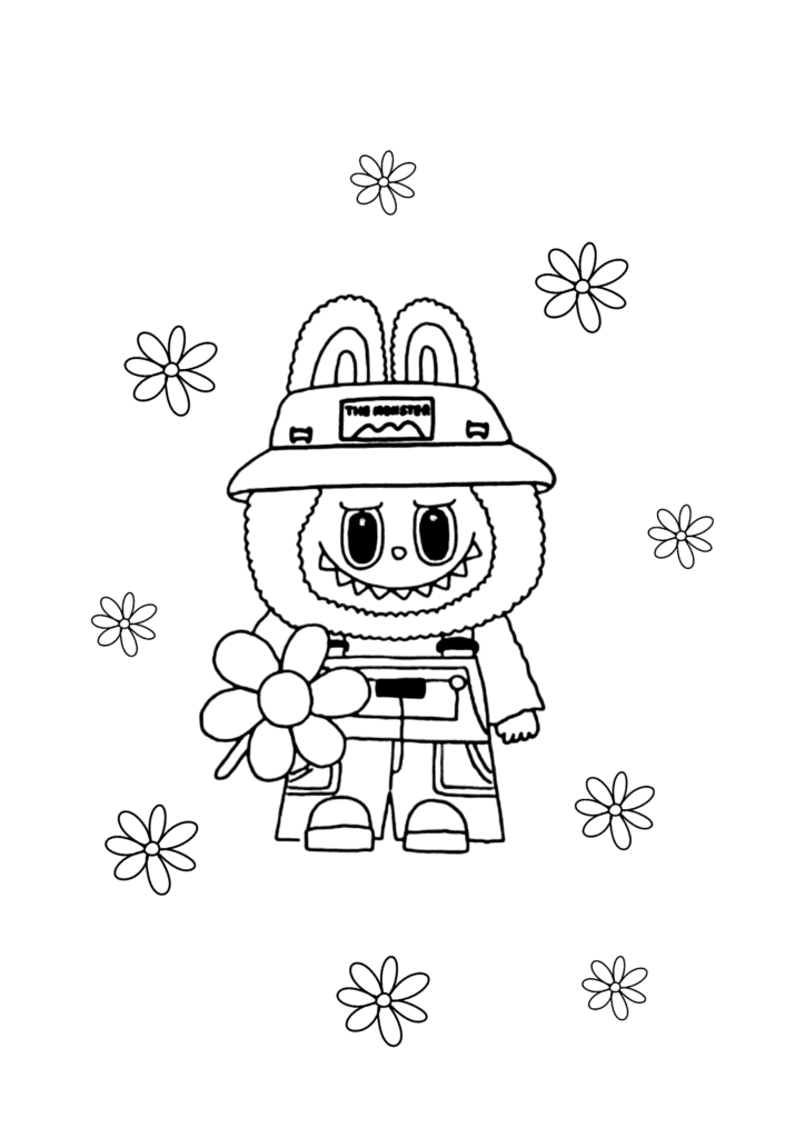 Labubu with a Flower coloring page for kids: Labubu in a bucket hat and overalls holding a giant flower, surrounded by daisies