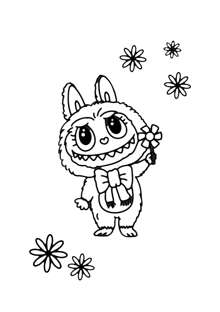 Labubu with a Pinwheel coloring page for kids: a smiling fluffy Labubu with a bow, holding a pinwheel among flowers