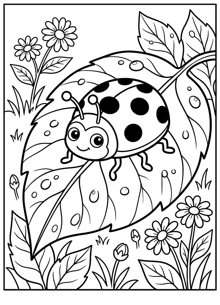 Ladybug on a Leaf coloring page for kids: a cheerful ladybug sitting on a big leaf with flowers