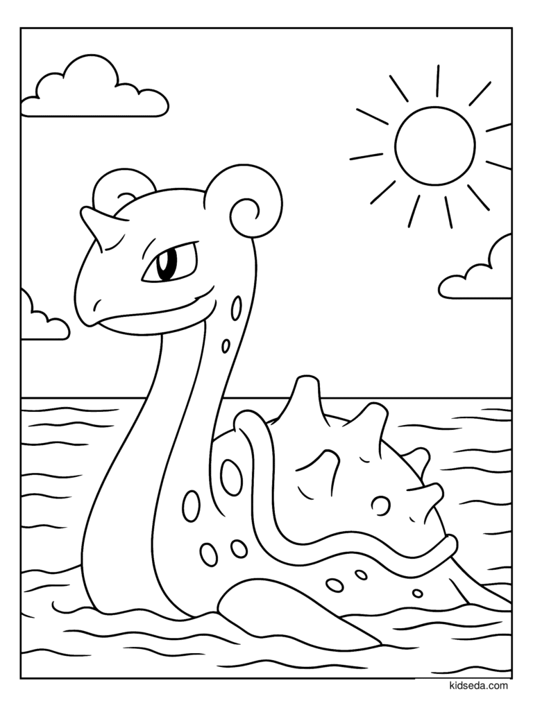 Lapras Swimming coloring page for kids: Lapras swimming on the ocean