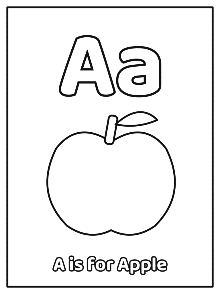 Letter A coloring page with a big Aa and a big bubble letter Aa with an apple, because A is for Apple