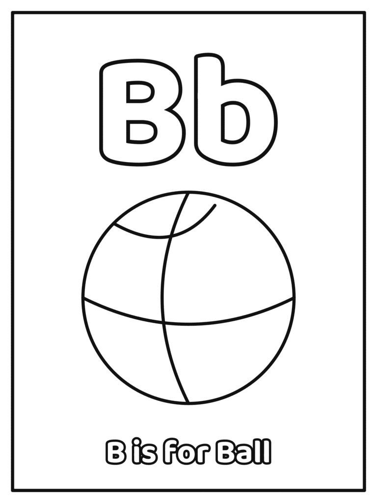 Letter B coloring page with a big Bb and a big bubble letter Bb with a ball, because B is for Ball