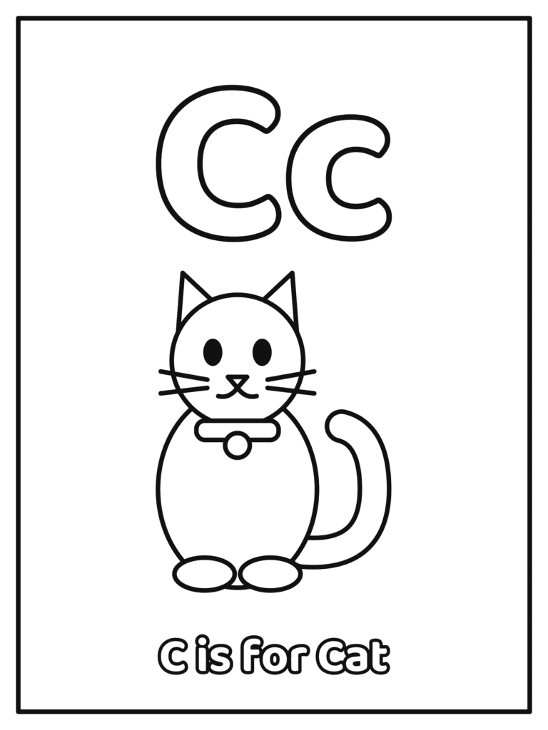 Letter C coloring page with a big Cc and a big bubble letter Cc with a cat, because C is for Cat