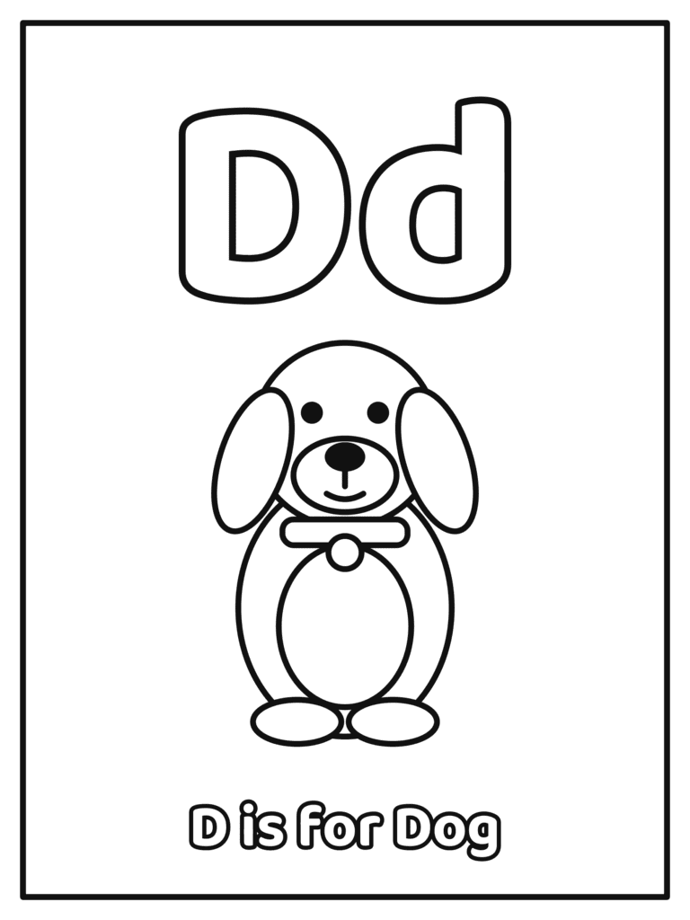 Letter D coloring page with a big Dd and a big bubble letter Dd with a dog, because D is for Dog