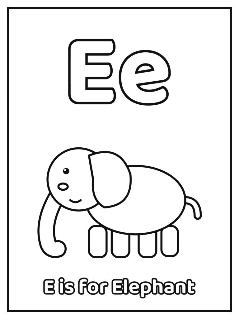 Letter E coloring page with a big Ee and a big bubble letter Ee with an elephant, because E is for Elephant