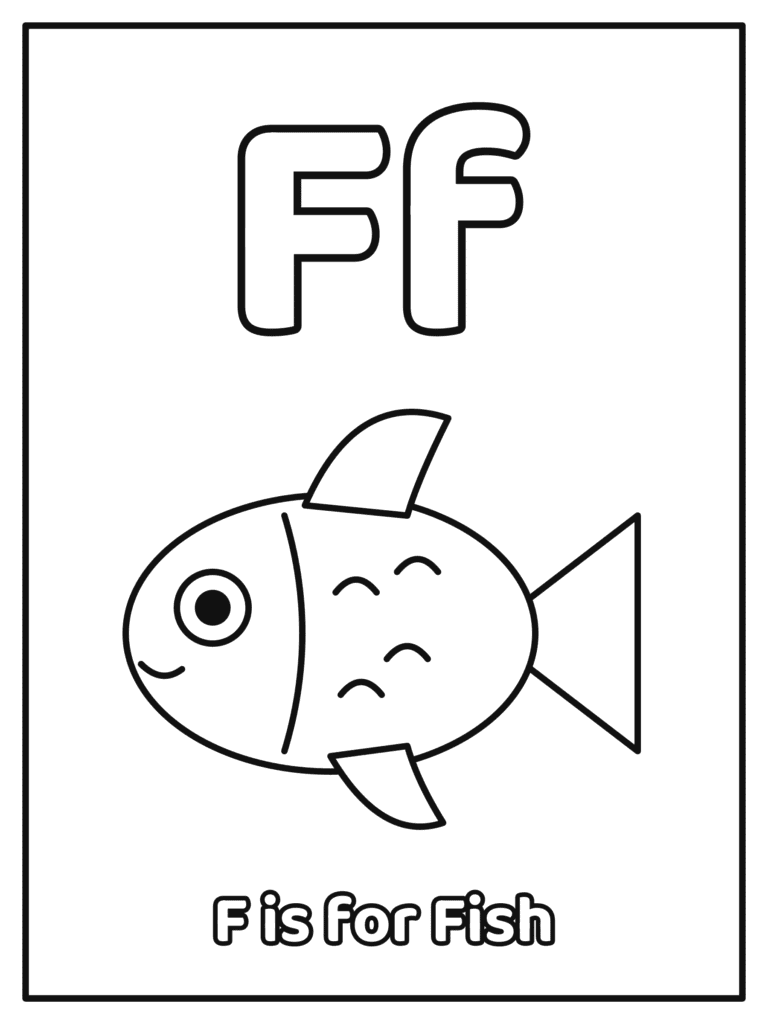 Letter F coloring page with a big Ff and a big bubble letter Ff with a fish, because F is for Fish