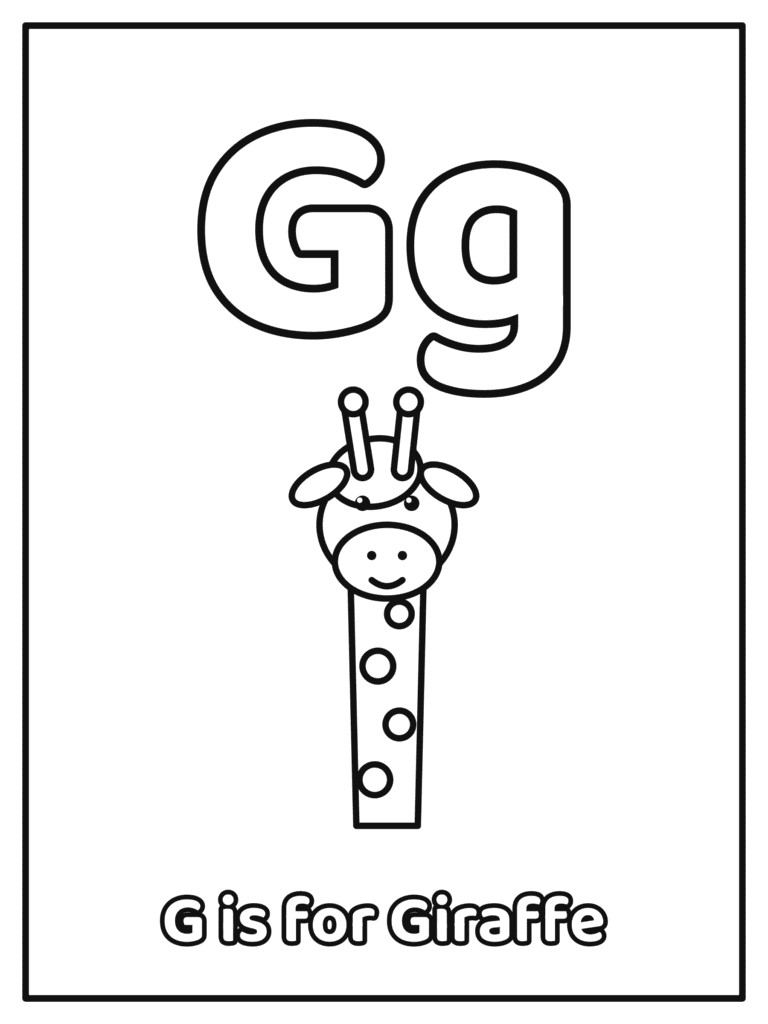 Letter G coloring page with a big Gg and a big bubble letter Gg with a giraffe, because G is for Giraffe