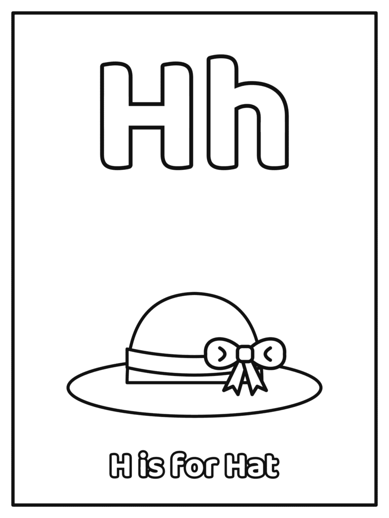 Letter H coloring page with a big Hh and a big bubble letter Hh with a sun hat with a bow, because H is for Hat