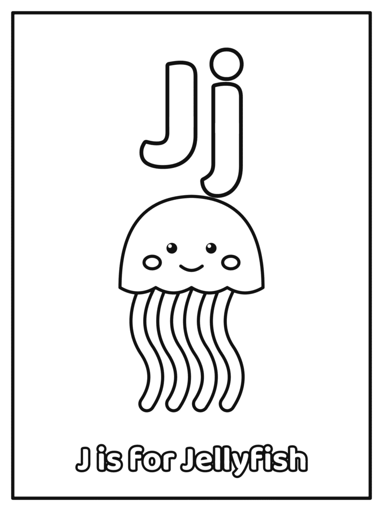 Letter J coloring page with a big Jj and a big bubble letter Jj with a jellyfish, because J is for Jellyfish