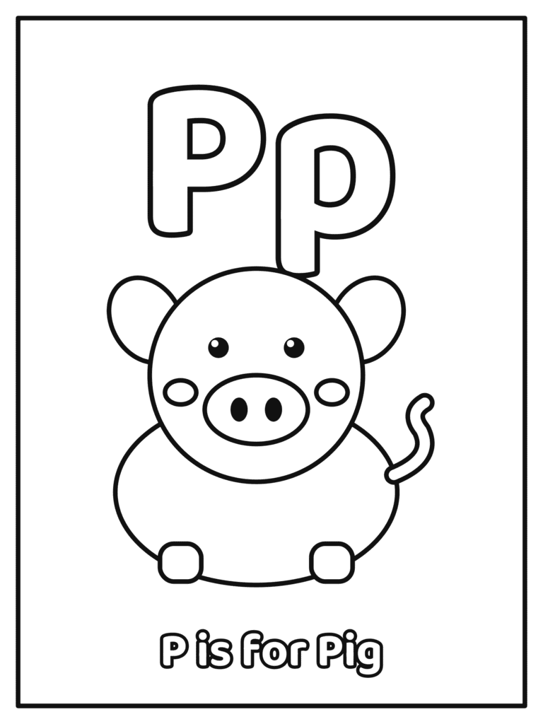 Letter P coloring page with a big Pp and a big bubble letter Pp with a pig, because P is for Pig