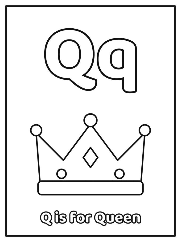 Letter Q coloring page with a big Qq and a big bubble letter Qq with a sparkly queen's crown, because Q is for Queen