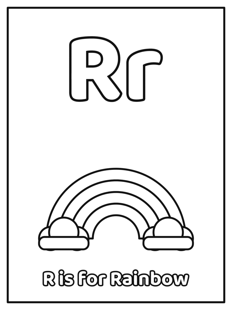 Letter R coloring page with a big Rr and a big bubble letter Rr with a rainbow with fluffy clouds, because R is for Rainbow