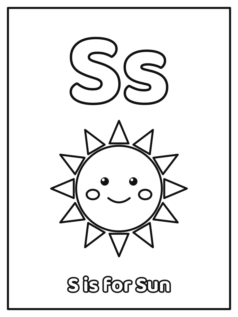 Letter S coloring page with a big Ss and a big bubble letter Ss with a sun, because S is for Sun
