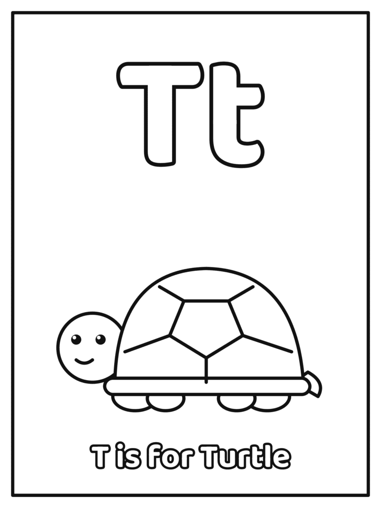 Letter T coloring page with a big Tt and a big bubble letter Tt with a turtle, because T is for Turtle