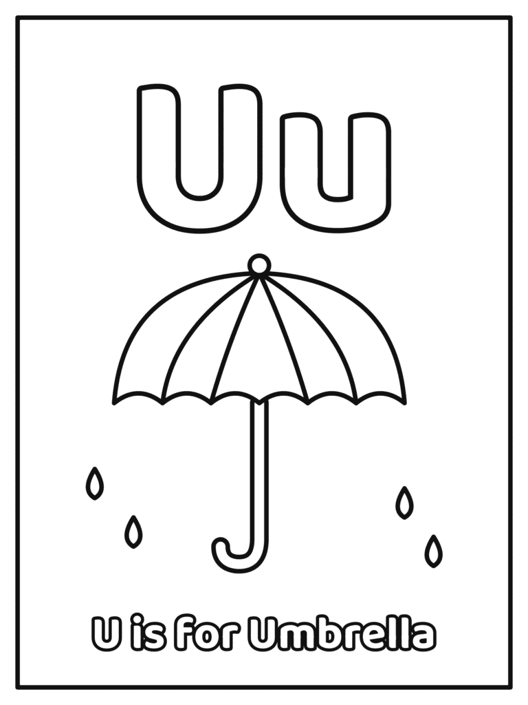 Letter U coloring page with a big Uu and a big bubble letter Uu with an umbrella, because U is for Umbrella