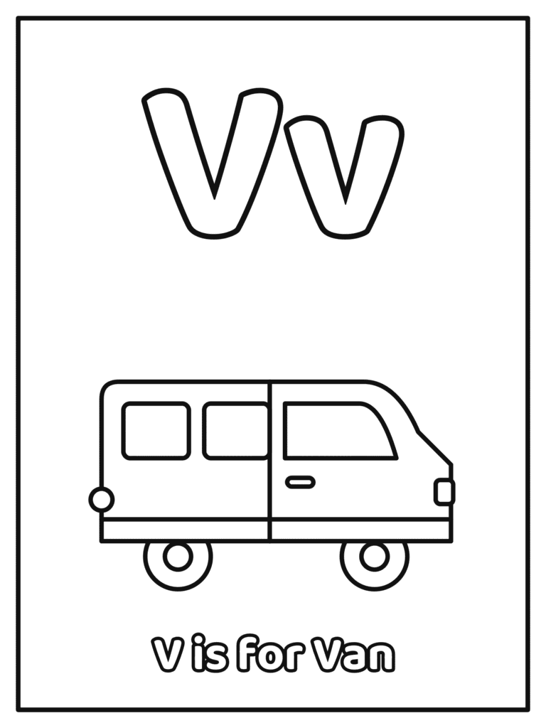 Letter V coloring page with a big Vv and a big bubble letter Vv with a family van, because V is for Van