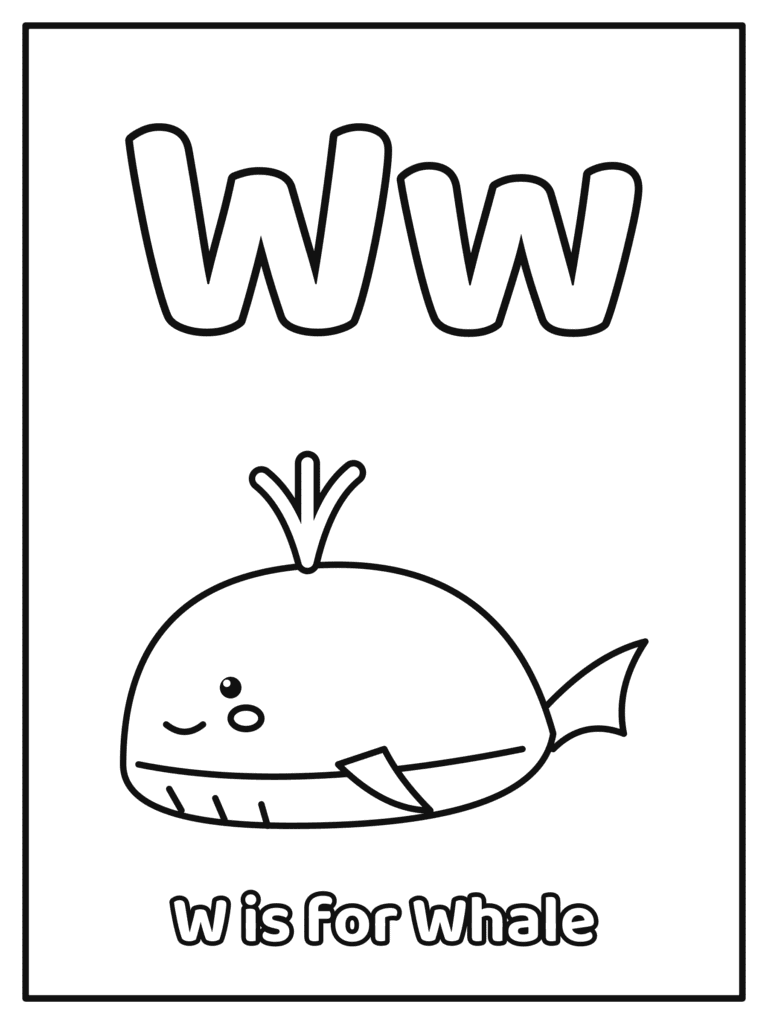 Letter W coloring page with a big Ww and a big bubble letter Ww with a whale, because W is for Whale